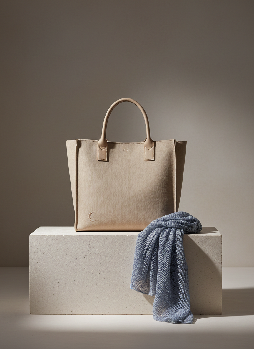 An elegant product still life showcasing Lunéa’s signature sustainable accessories: a structured tote crafted from recycled canvas and plant-based leather, paired with a lightweight organic cotton scarf. The tote in moonlit beige features a small, tonal crescent-moon embroidery near the handle base, while the scarf, in soft dusk blue, is casually draped to reveal its airy weave. Both rest on a smooth, off-white stone plinth set against a softly textured, warm-gray backdrop. Directional, diffused studio lighting creates refined highlights along the tote’s edges and subtle shadows beneath the plinth. Shot straight-on with a centered, minimalist composition and shallow depth of field, the mood is quietly luxurious yet grounded, communicating sophisticated, durable, and sustainable design without any logos or human presence.