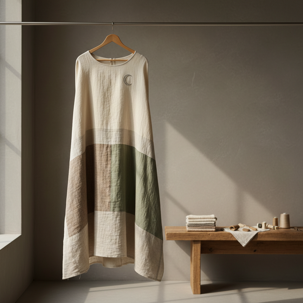 A serene studio scene featuring a single upcycled midi dress on a minimalist wooden hanger, suspended from an understated metal rack. The dress combines panels of organic cotton and recycled linen in tonal shades of soft ivory, stone, and misty sage, with a delicate crescent-moon embroidery near the neckline. Behind it, a smooth, warm-gray plaster wall and a simple reclaimed-wood bench holding neatly stacked fabric offcuts subtly hint at the design process. Gentle afternoon light filters in from the left, creating a soft gradient across the wall and highlighting the dress’s drape and craftsmanship. Photographed at eye level with a slightly off-center composition and shallow depth of field, the mood is refined and contemplative, emphasizing quality, sustainability, and limited-edition care.