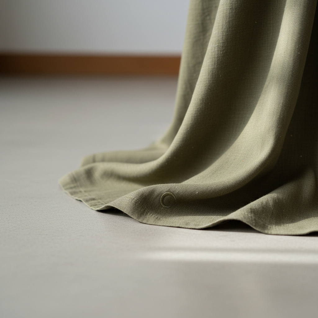 A close-up, photographic realism shot of a sustainable fashion detail: the hem of a flowing skirt made from finely woven TENCEL and organic cotton blend. The fabric moves softly across a pale, matte concrete floor, revealing precise stitching and a subtle tonal crescent-moon embroidery near the edge. Tiny irregularities in the weave hint at recycled fibers and responsible production. Soft, overcast daylight enters from the right, creating delicate highlights along the folds while the background falls into a gentle blur. Composed at a low angle with the hem cutting diagonally through the frame, the image feels intimate and sophisticated, focusing purely on texture, craftsmanship, and the quiet luxury of thoughtful, not-fast-fashion design.
