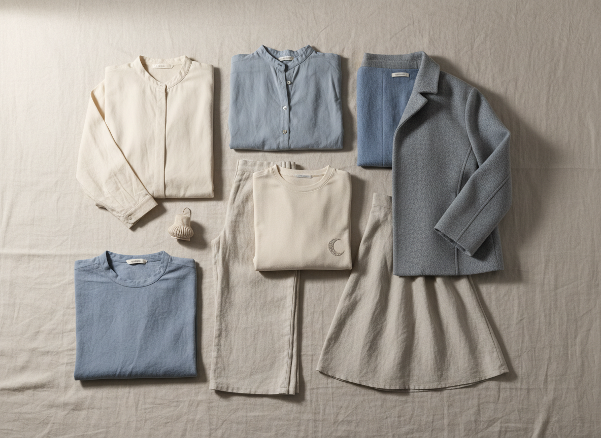 A meticulously arranged flat lay of a sustainable capsule wardrobe for a minimalist brand called Lunéa, displayed on a smooth, pale sand-colored linen backdrop. Organic cotton blouses, undyed linen trousers, and a single structured jacket made from recycled fibers form a harmonious palette of soft ecru, moonlight gray, and muted dusk blue. Close to the center lies a folded top with a small crescent-moon embroidery near the hem, its threads subtly shimmering. Diffused natural light from an unseen window washes over the fabrics, enhancing their textures and casting very gentle shadows. Shot from a bird’s-eye view with photographic realism and a clean, sophisticated aesthetic, the composition feels calm and intentional, conveying limited-edition, story-rich sustainable fashion without any visible branding or text.