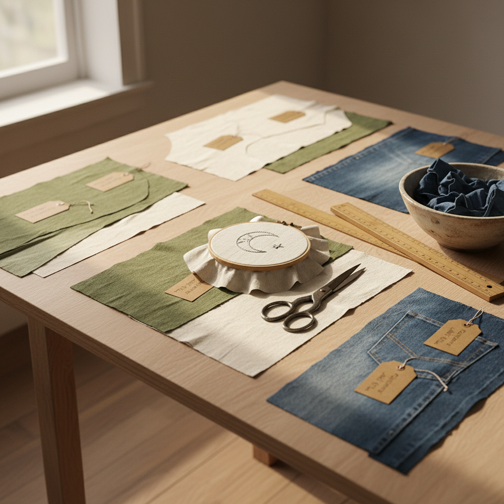 An artisanal worktable in a calm, light-filled atelier, dedicated to creating a limited-edition sustainable collection. On a broad, pale oak surface lie neatly arranged pattern pieces cut from organic cotton, plant-dyed linen, and recycled denim, each tagged with small, unbranded kraft paper placeholders. A hoop of moon-embroidery in progress rests near the center, silver-gray thread glinting slightly. Vintage-style metal shears, wooden rulers, and a ceramic bowl holding natural indigo scraps complete the scene. Soft morning light streams in from a side window, creating long, gentle shadows and a serene, focused mood. Captured from a slightly elevated angle with sharp focus on the central embroidery hoop and a subtle falloff toward the edges, the composition highlights process, materials, and mindful craftsmanship.