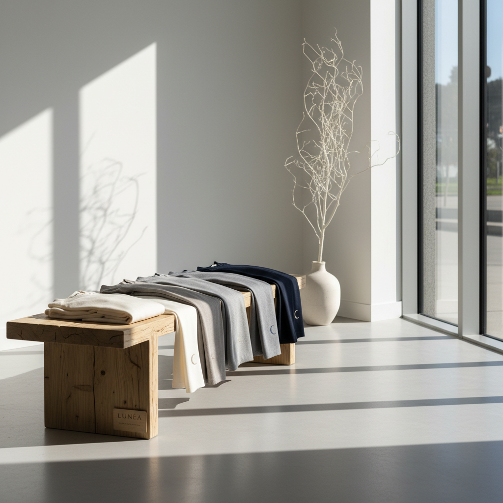 A tranquil, sunlit showroom corner dedicated to Lunéa’s limited-edition sustainable collection. A low, sculptural bench made from light reclaimed wood displays neatly folded garments in a gradient of moon-inspired tones: pearl, fog, and deep navy. Each piece reveals a discreet crescent-moon embroidery near a cuff or hem. Behind the bench, a tall, slender dried branch stands in a simple matte-ceramic vase, echoing the organic aesthetic. Large windows on the right flood the space with soft, diffused afternoon light, casting elongated, delicate shadows across a pale concrete floor. Photographed at eye level with a rule-of-thirds composition and sharp focus throughout, the mood is serene, gallery-like, and refined, presenting sustainable fashion as artful, timeless, and quietly luxurious rather than trend-driven.