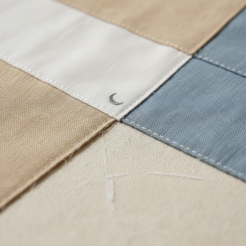 A detailed macro shot of upcycled fabric patchwork being transformed into a refined, contemporary garment. Panels of repurposed cotton poplin, linen, and soft twill in harmonized tones of sand, cloud, and faded slate are stitched together so precisely that the overall effect is polished rather than rustic. A small crescent-moon embroidery subtly overlays the seam where two contrasting pieces meet, symbolizing renewal. The patchwork rests on an unbleached canvas work surface dusted with faint chalk lines. Soft, directional daylight from above and slightly to the left emphasizes the varied textures and fine stitching, while the edges of the frame fall into a gentle blur. The composition, captured from very close range, feels intimate, sophisticated, and process-focused, celebrating upcycling as elegant, not improvised.