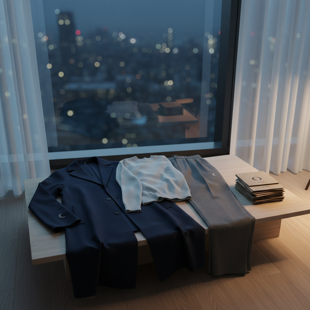 A nocturne-inspired, photographic realism scene of a carefully curated sustainable outfit arranged on a low, pale-wood platform beside a large window overlooking a barely visible city skyline. A long organic cotton coat in deep midnight blue is laid out beside soft stone-colored trousers and a fine-knit top in pale moonlight gray, each with a tiny, tonal crescent-moon embroidery discretely placed. A small stack of visible-fiber recycled-paper tags sits nearby, hinting at limited-edition numbering. Subtle, cool-toned evening light seeps through sheer curtains, with a single warm table lamp outside the frame adding a gentle glow. Shot from a slightly elevated angle with balanced negative space, the mood is calm, sophisticated, and introspective, capturing the brand’s quiet, night-sky-inspired identity and sustainable ethos.