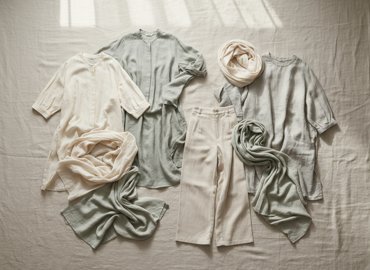 Aerial flat lay of a sustainable fashion collection for a minimalist Japanese brand. Organic cotton blouses, undyed linen garments in soft ecru, moonlight gray, and muted sage green tones arranged elegantly on a pale sand linen backdrop. Diffused natural window light with gentle shadows enhancing fabric textures. Photorealistic, clean, sophisticated aesthetic. No text or branding visible.
